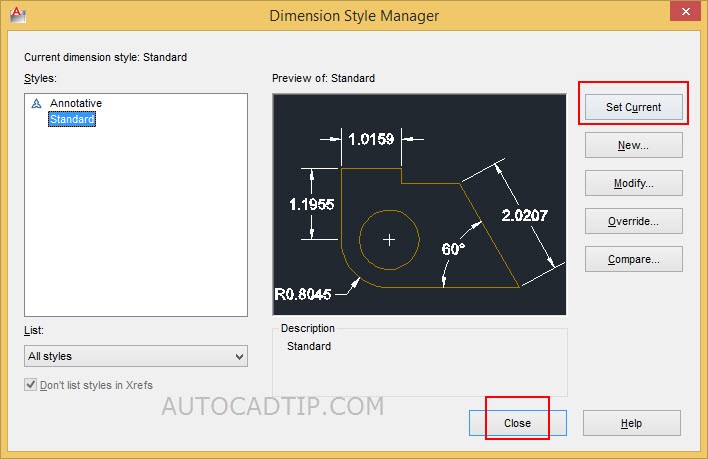 Set current and close new dimension style dialog box