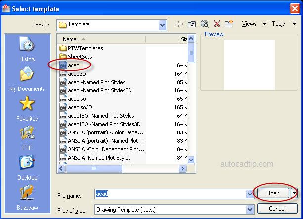 Select template is acad, open new drawing in autocad 2012