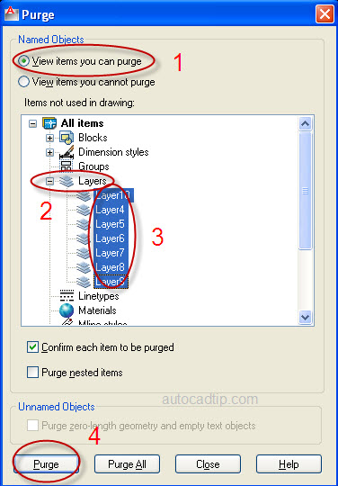 Purge command in AutoCAD, remove unused layers in drawing