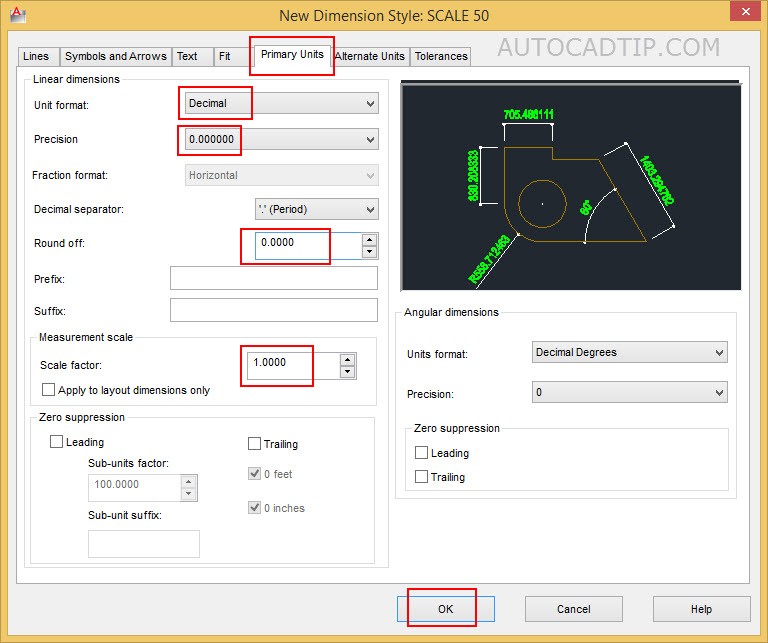 Setting primary units option new dimension dialog box in AutoCAD