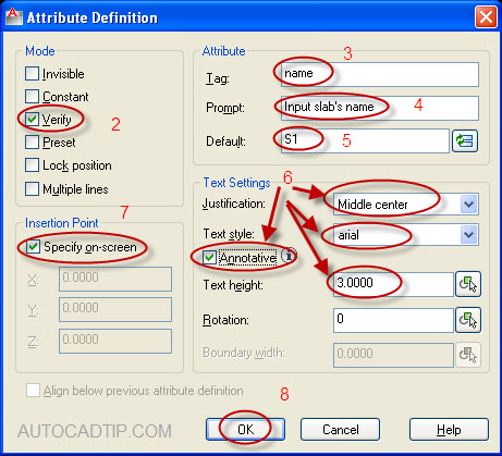 Setup attribute definition box AutoCAD before create block attribute.