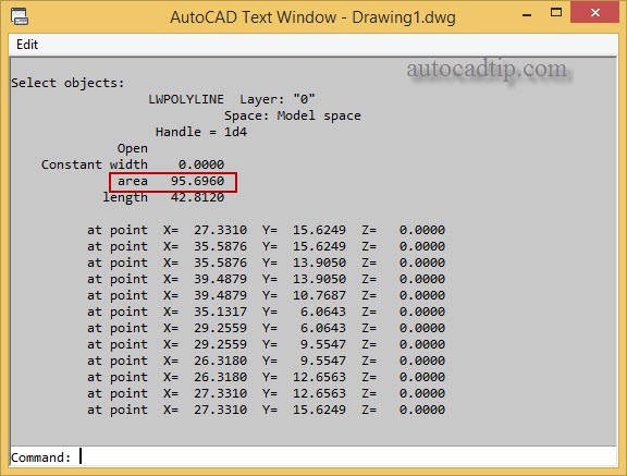 Calculate area with list command in AutoCAD