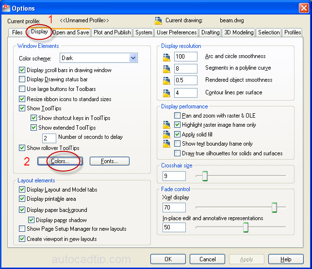 Help to change workplace color in AutoCAD 2012 with color feature in OPTION
