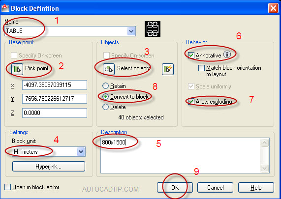 Block definition box, help to create  a block in the AutoCAD 2012.