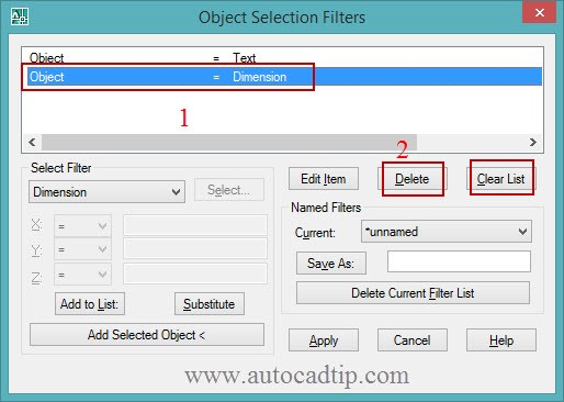 Help to delete properties in object selection filters