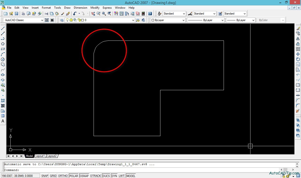 Fillet corner AutoCAD, Fillet command