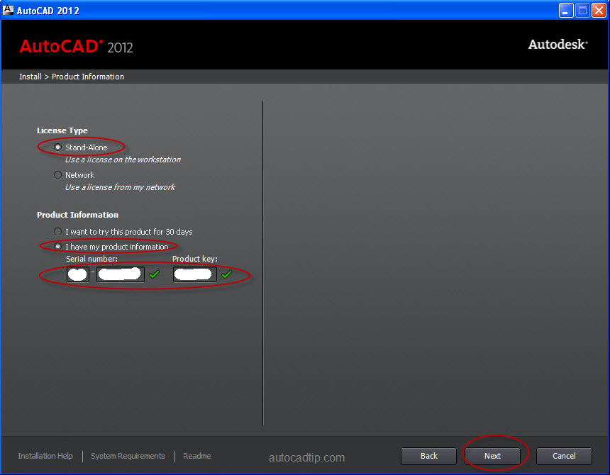 Install AutoCAD 2012,Input serial number and product keys