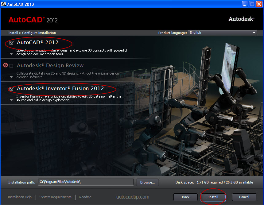 Install AutoCAD 2012, choose configure installation