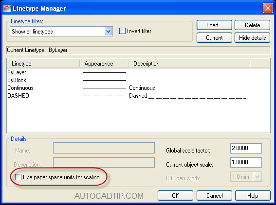 Linetype manager to modify linetype scale Autocad.