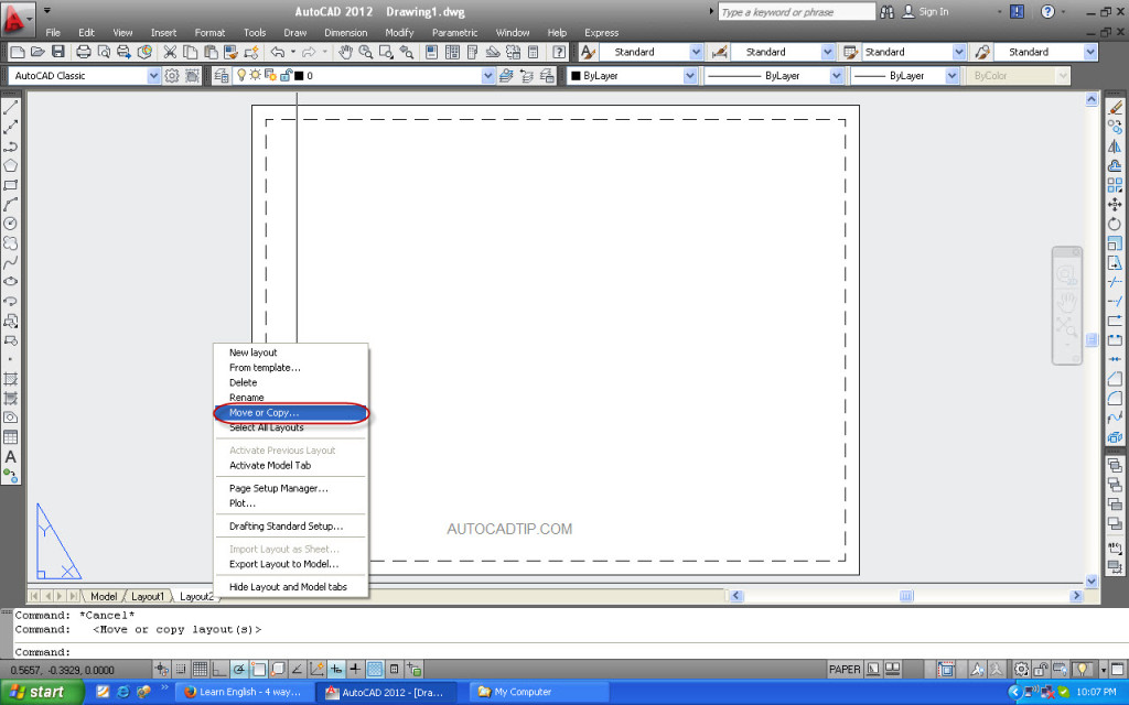 Move or copy AutoCAD to new layout.