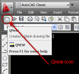 Qnew icon on toolbar to open new drawing AutoCAD