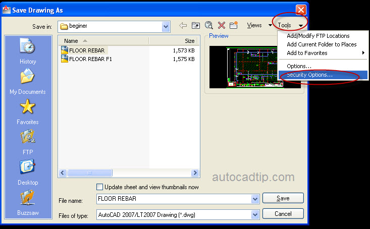 This is a tutorial to choose security options in AutoCAD software.