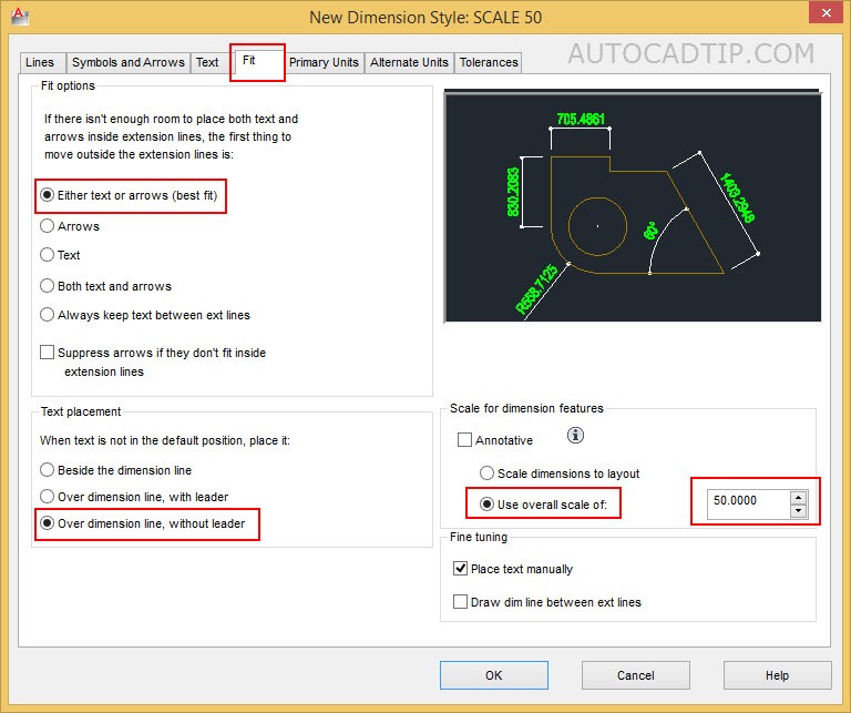 Setting fit option new dimension dialog box in AutoCAD