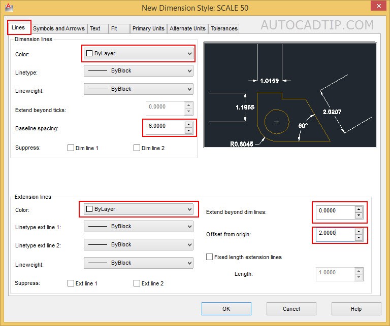 Setting line option new dimension dialog box in AutoCAD