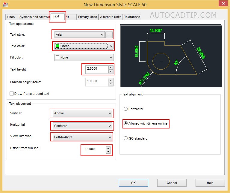 Setting text option new dimension dialog box in AutoCAD