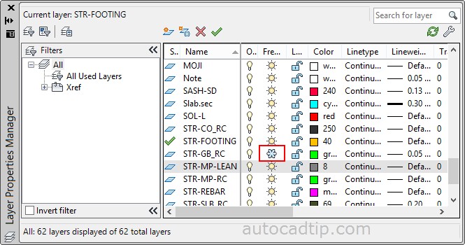 Turn off by freeze feature in the AutoCAD